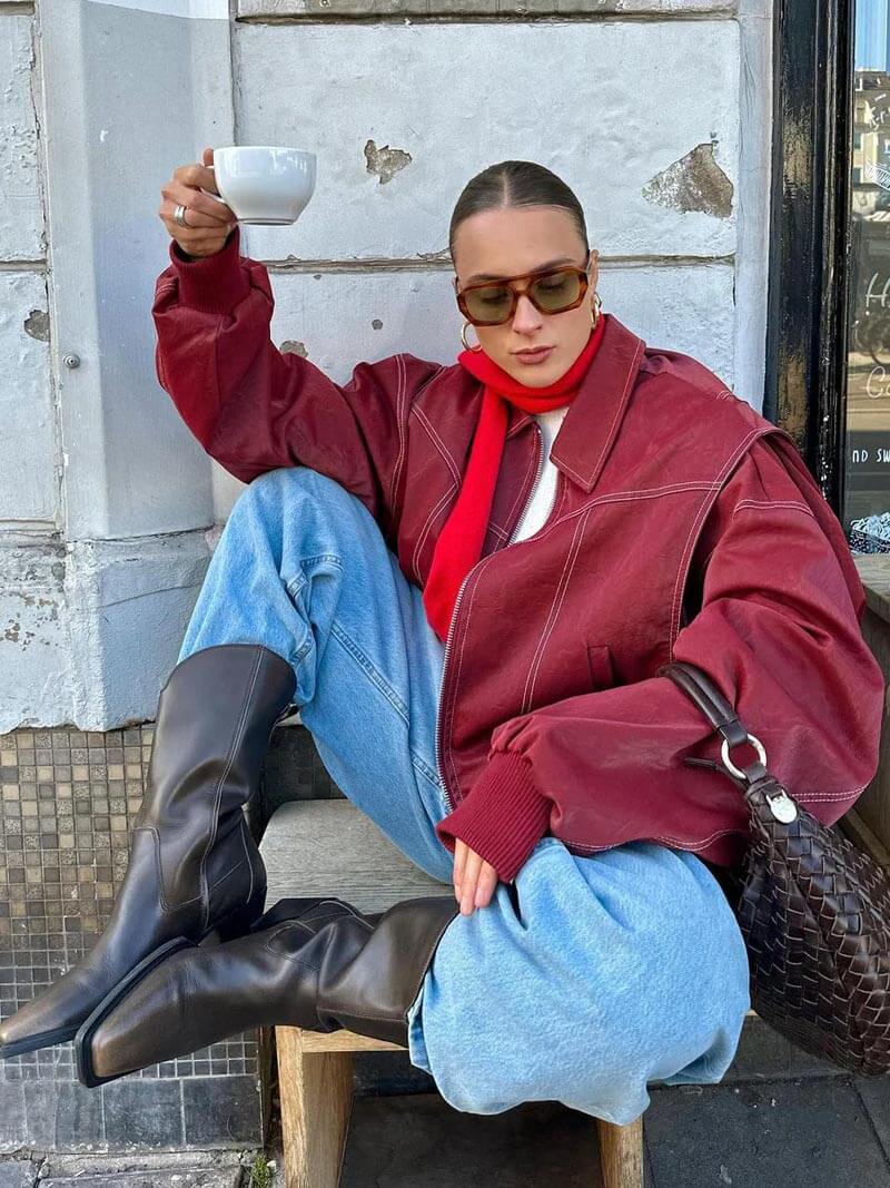 Women's Bomber Jacket with Zip Front and Contrast Stitching - 3