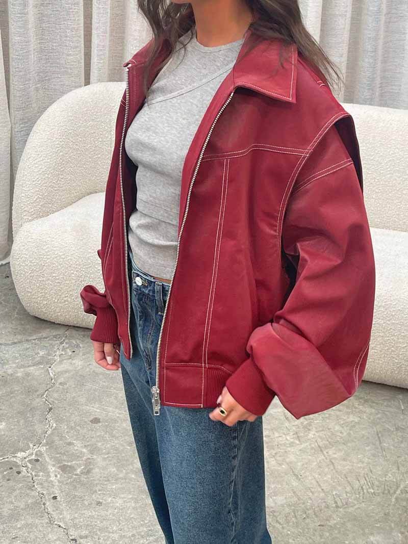 Women's Bomber Jacket with Zip Front and Contrast Stitching - 2