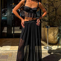 Women Co-ord Set Sleeveless Crop Top with Lace Trim and Wide-Leg Trousers - 3