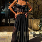 Women Co-ord Set Sleeveless Crop Top with Lace Trim and Wide-Leg Trousers - 3