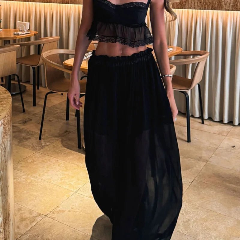 Women Co-ord Set Sleeveless Crop Top with Lace Trim and Wide-Leg Trousers - 4