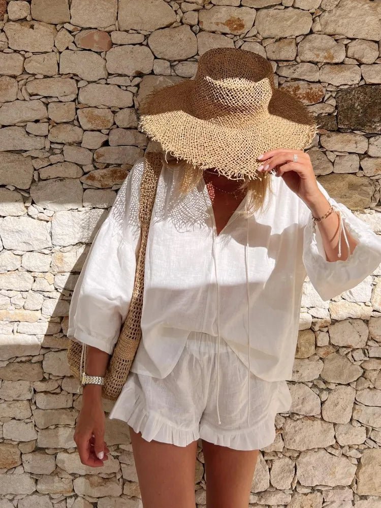 Women's Long Sleeve Blouse and Ruffle Shorts Set - 8