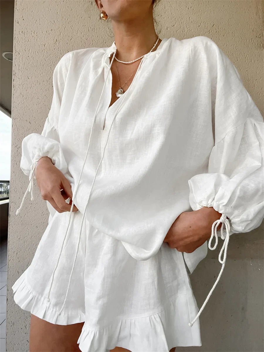 Women's Long Sleeve Blouse and Ruffle Shorts Set - 2
