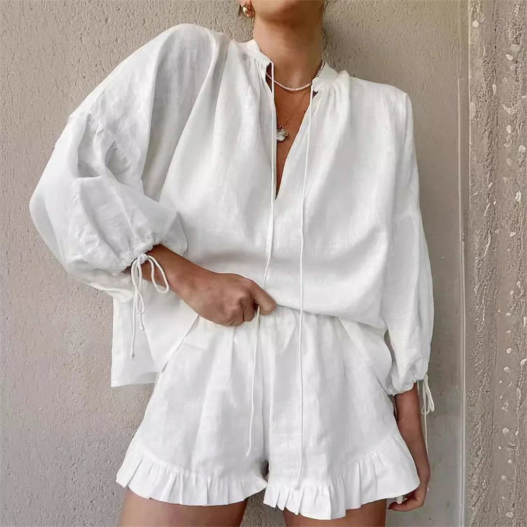 Women's Long Sleeve Blouse and Ruffle Shorts Set - 4