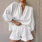 Women's Long Sleeve Blouse and Ruffle Shorts Set - 4