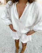 Women's Long Sleeve Blouse and Ruffle Shorts Set - 9