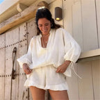 Women's Long Sleeve Blouse and Ruffle Shorts Set - 7