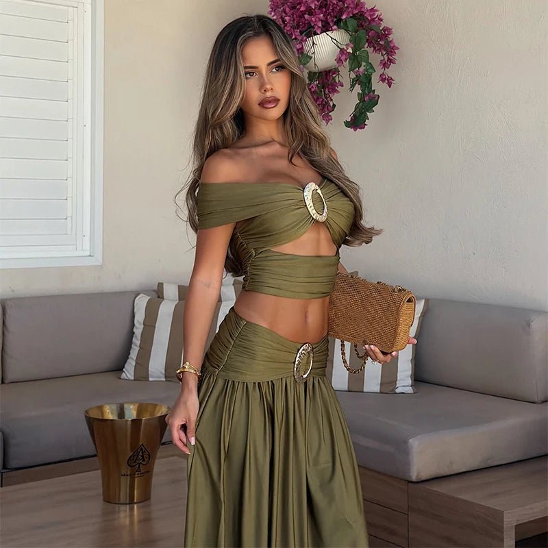 Women's Off-Shoulder Crop Top and Maxi Skirt Two-Piece Set - Green