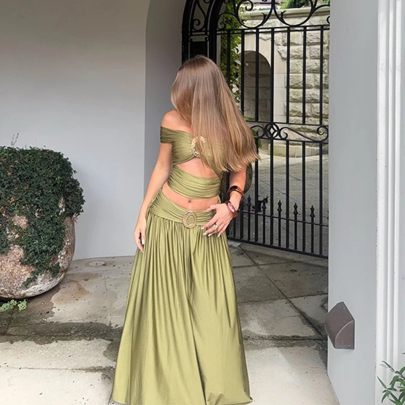 Women's Off-Shoulder Crop Top and Maxi Skirt Two-Piece Set - Green