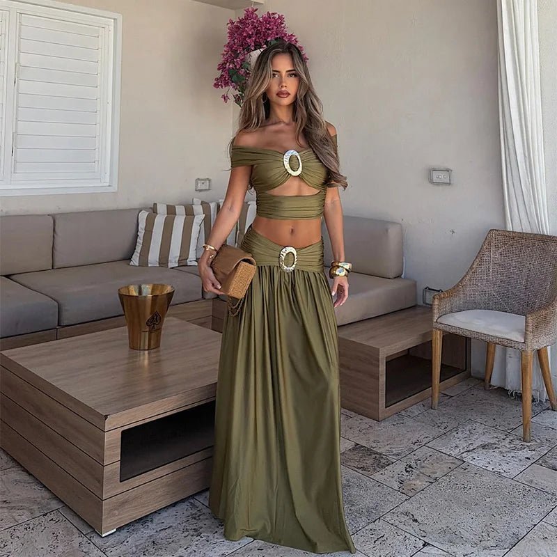 Women's Off-Shoulder Crop Top and Maxi Skirt Two-Piece Set - Green
