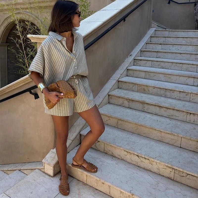 Women's Striped Co-ord Set Oversized Shirt with Shorts - 3