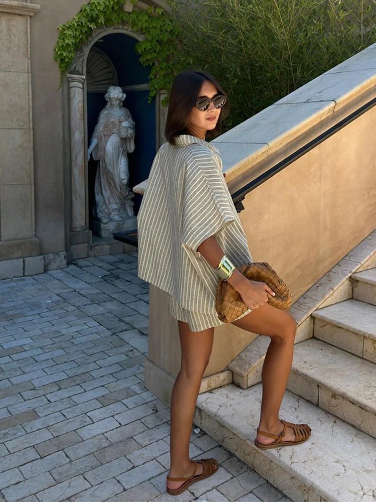 Women's Striped Co-ord Set Oversized Shirt with Shorts - 2