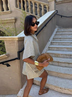 Women's Striped Co-ord Set Oversized Shirt with Shorts - 4