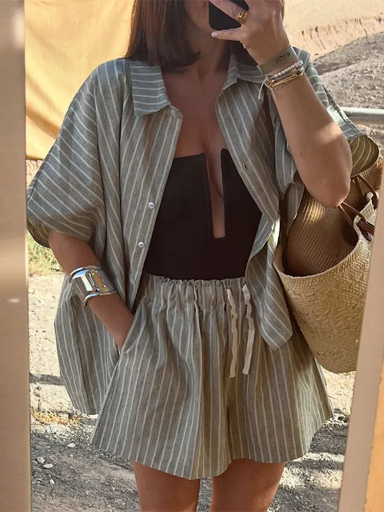 Women's Striped Co-ord Set Oversized Shirt with Shorts - 5