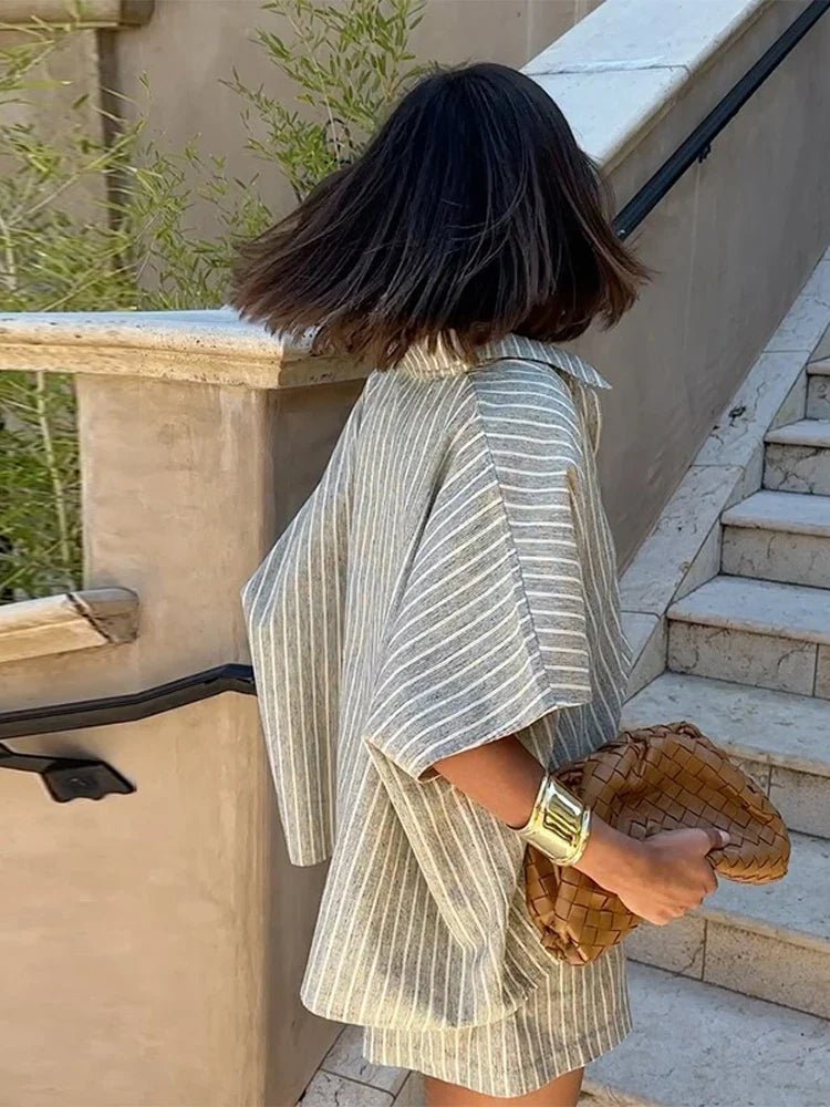 Women's Striped Co-ord Set Oversized Shirt with Shorts - 6