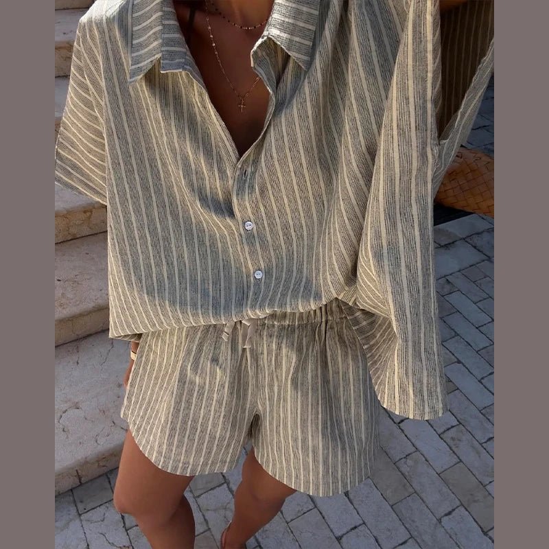 Women's Striped Co-ord Set Oversized Shirt with Shorts - 7