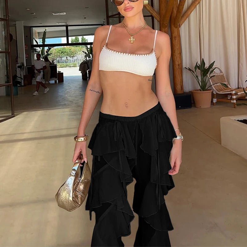 Women's Cargo Trousers with Tiered Ruffle Detail and Wide Leg - Black