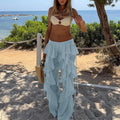 Women's Cargo Trousers with Tiered Ruffle Detail and Wide Leg - Blue