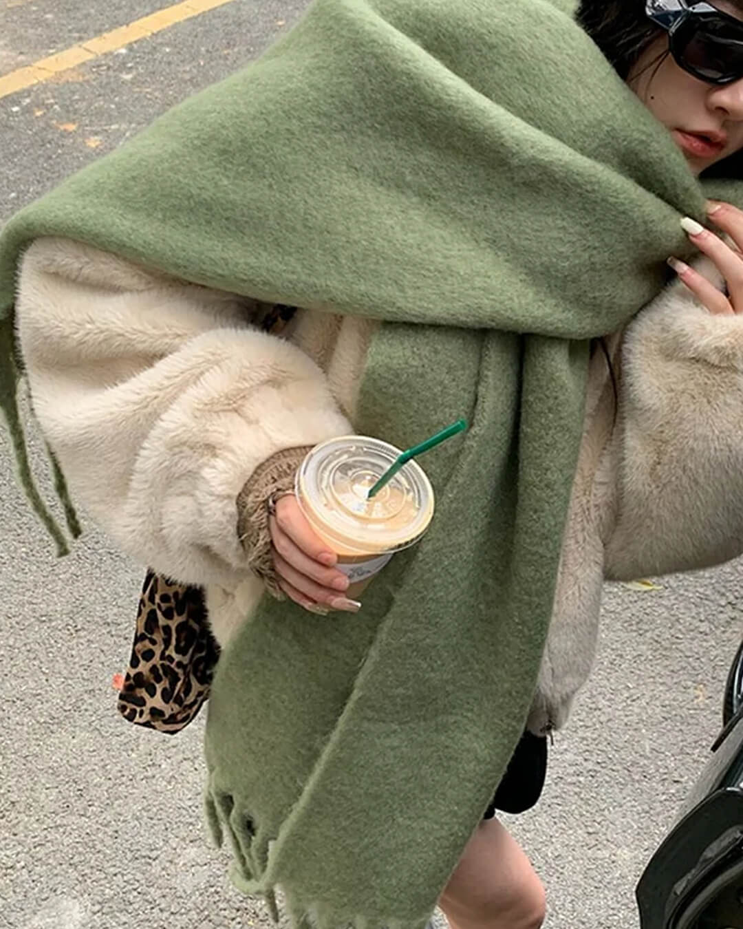 Women's Fringed Winter Scarf Oversized Wrap - Olive Green