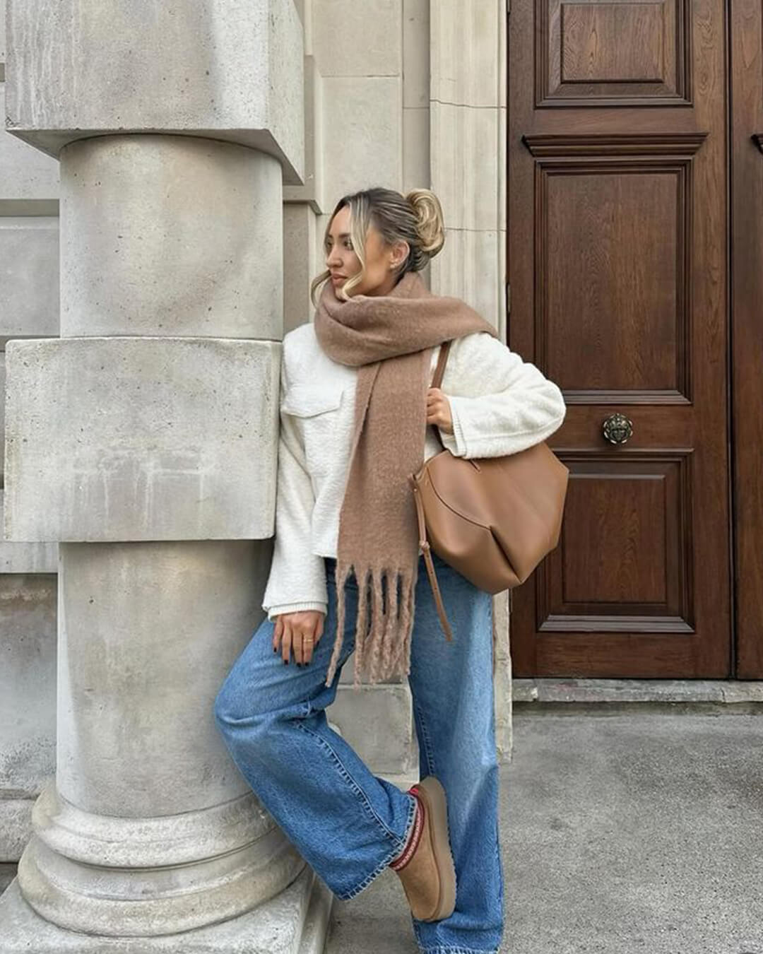 Women's Fringed Winter Scarf Oversized Wrap - Beige