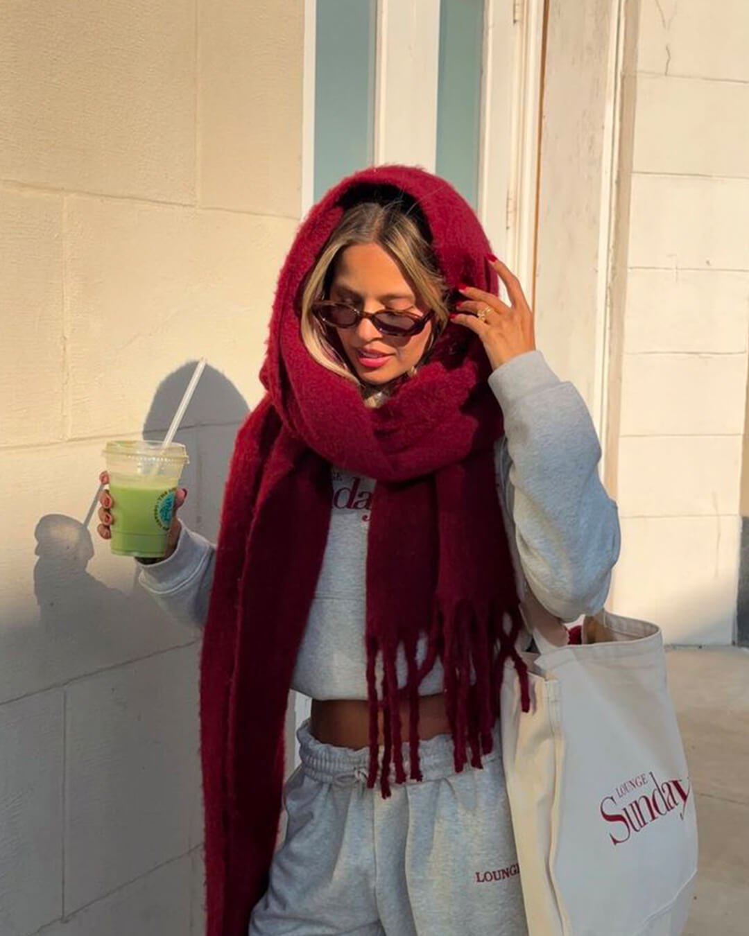 Women's Fringed Winter Scarf Oversized Wrap - Burgundy