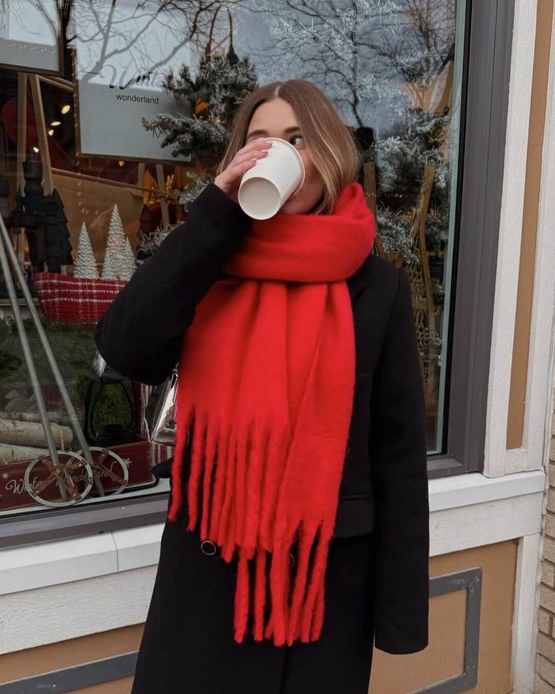 Women's Fringed Winter Scarf Oversized Wrap - Red