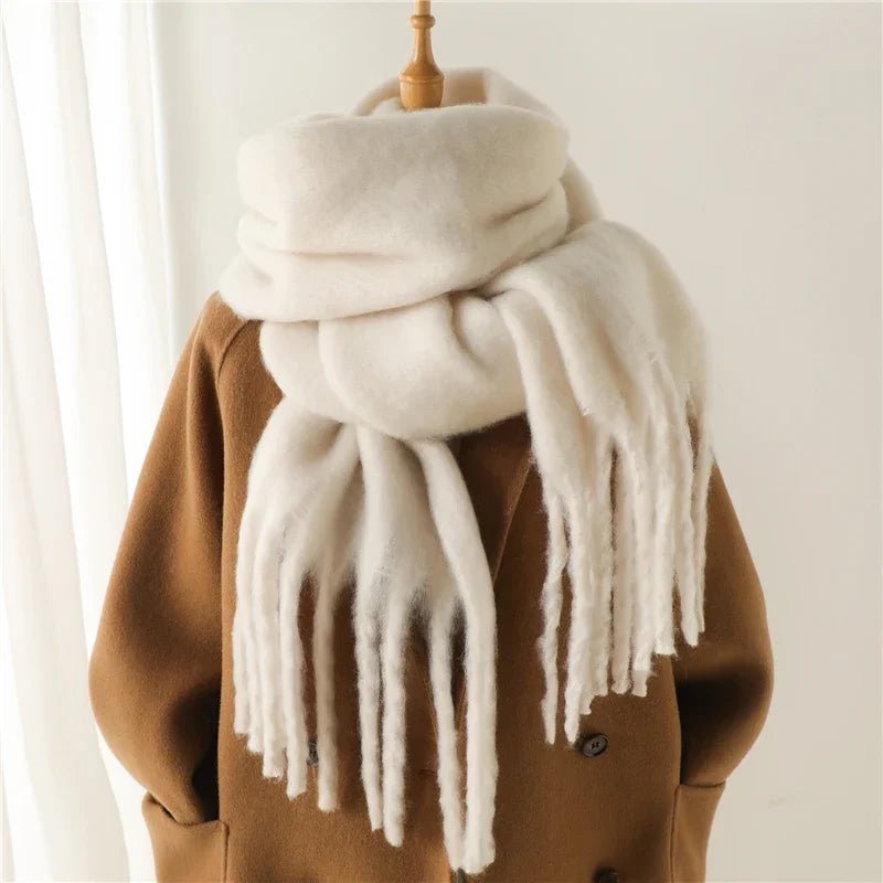Women's Fringed Winter Scarf Oversized Wrap - White