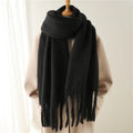 Women's Fringed Winter Scarf Oversized Wrap - Black
