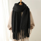 Women's Fringed Winter Scarf Oversized Wrap - Black
