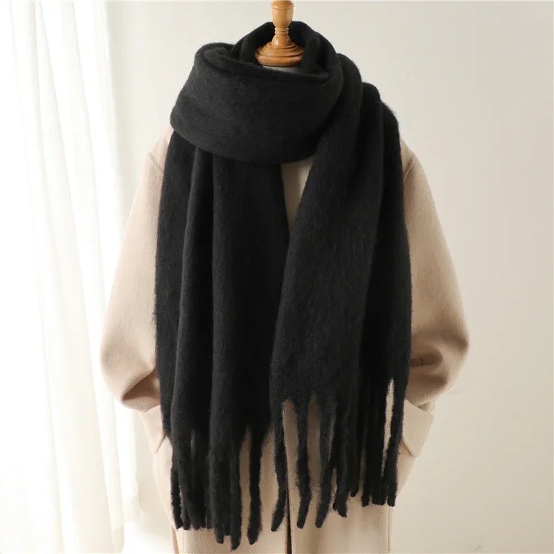 Women's Fringed Winter Scarf Oversized Wrap - Black