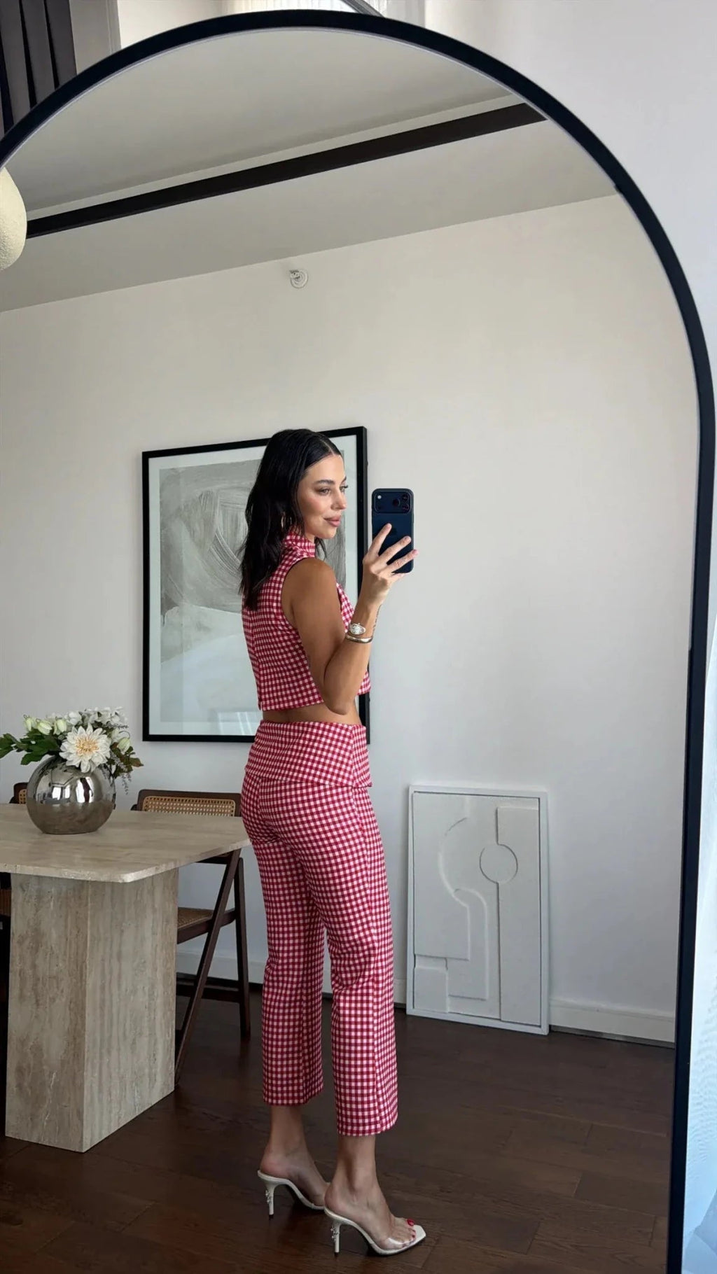 Women's Gingham Co-ord Set Sleeveless Crop Top with Cropped Trousers - 5