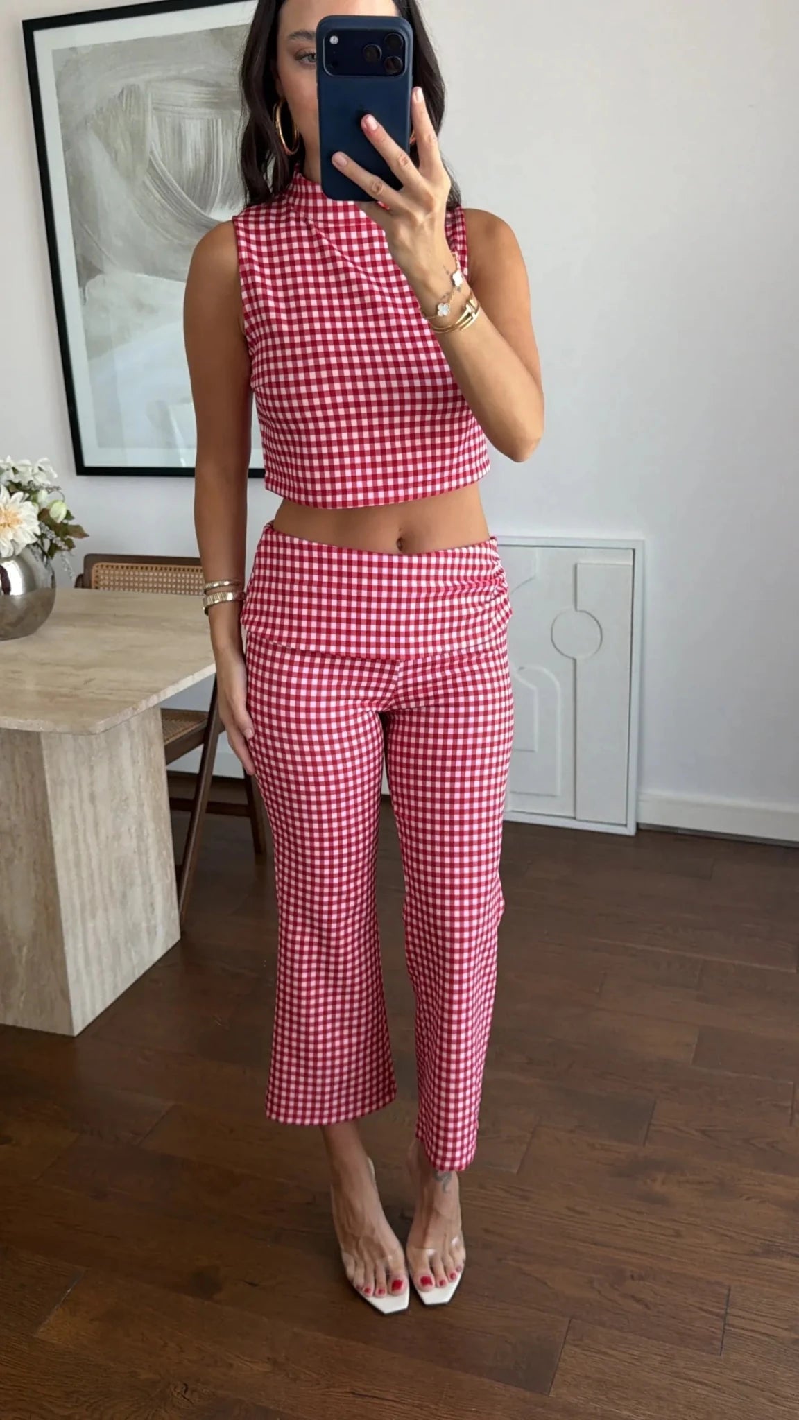 Women's Gingham Co-ord Set Sleeveless Crop Top with Cropped Trousers - 2