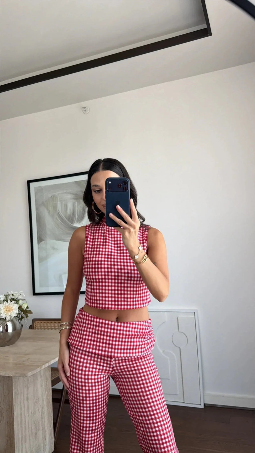 Women's Gingham Co-ord Set Sleeveless Crop Top with Cropped Trousers - 3