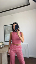 Women's Gingham Co-ord Set Sleeveless Crop Top with Cropped Trousers - 3