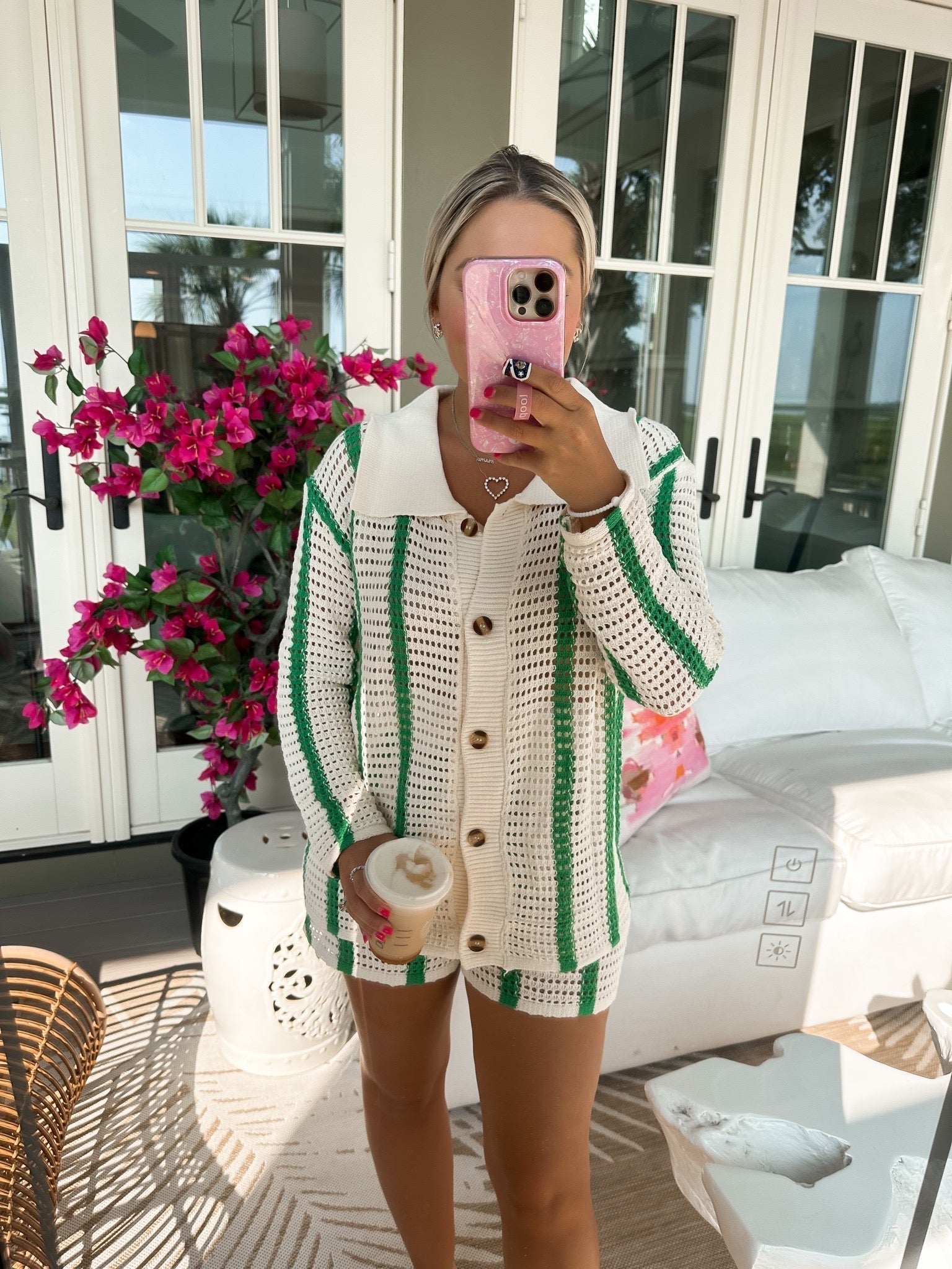 Women's Striped Crochet Two-Piece Set with Buttoned Shirt and Shorts - 4