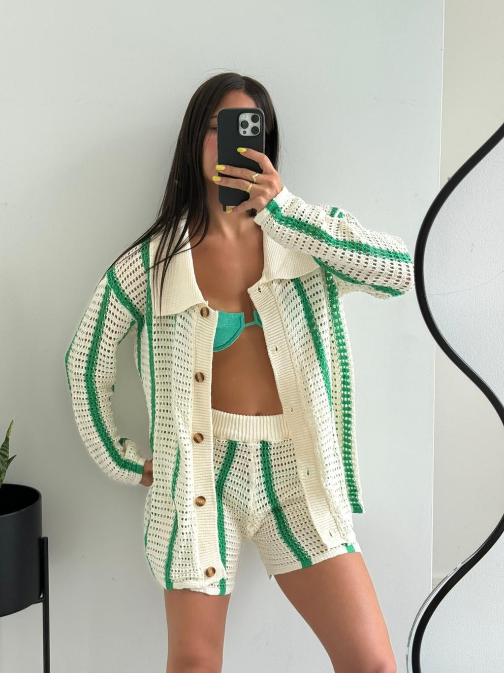 Women's Striped Crochet Two-Piece Set with Buttoned Shirt and Shorts - 2