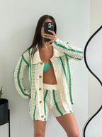 Women's Striped Crochet Two-Piece Set with Buttoned Shirt and Shorts - 2