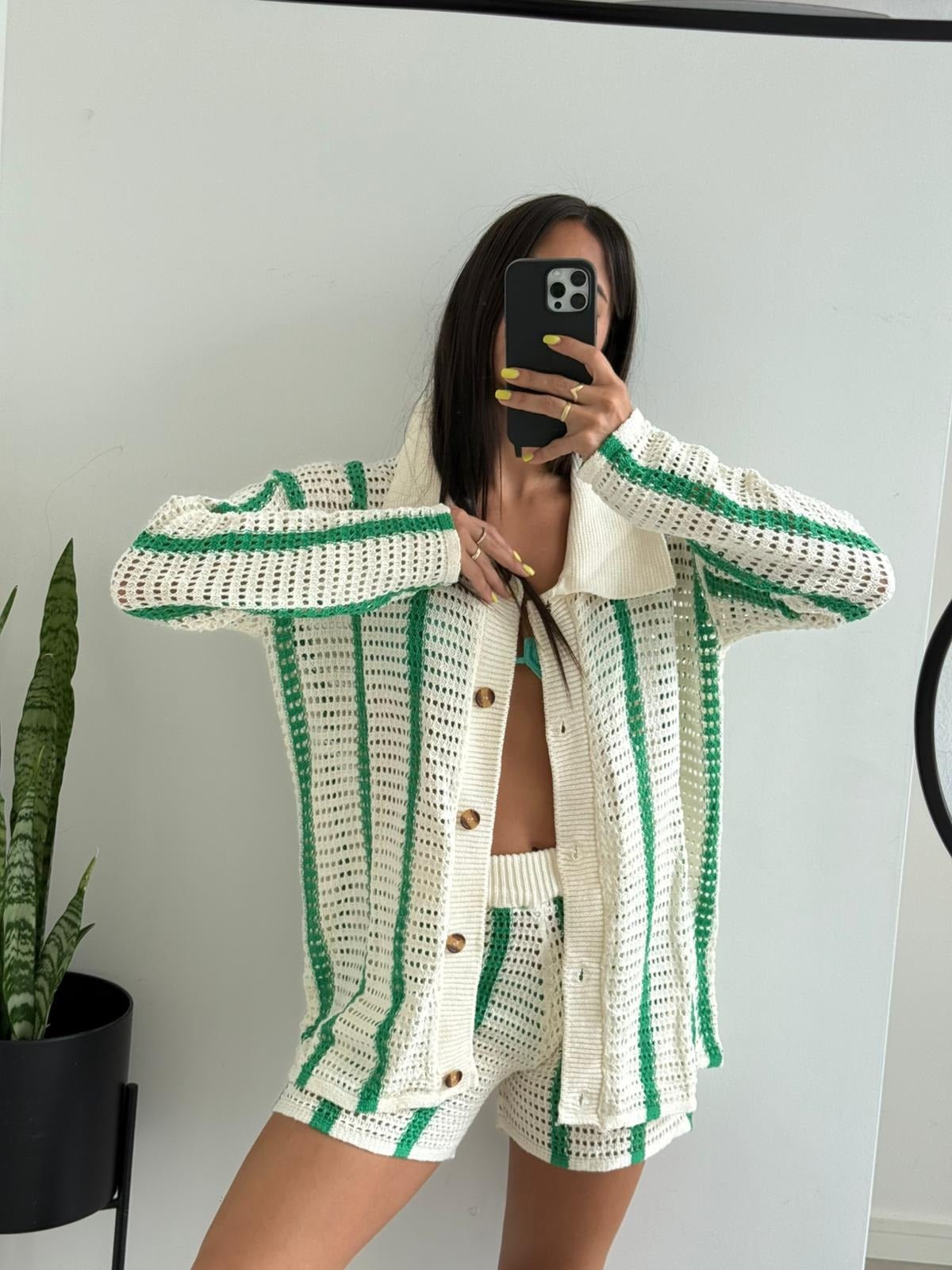 Women's Striped Crochet Two-Piece Set with Buttoned Shirt and Shorts - 3