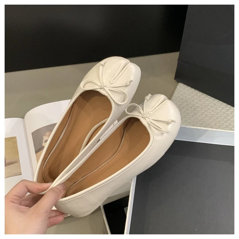Women's Split Toe Ballet Flats with Bow Detail - Beige