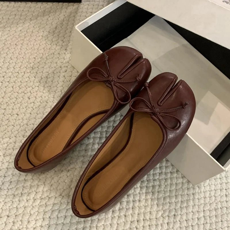 Women's Split Toe Ballet Flats with Bow Detail - Brown