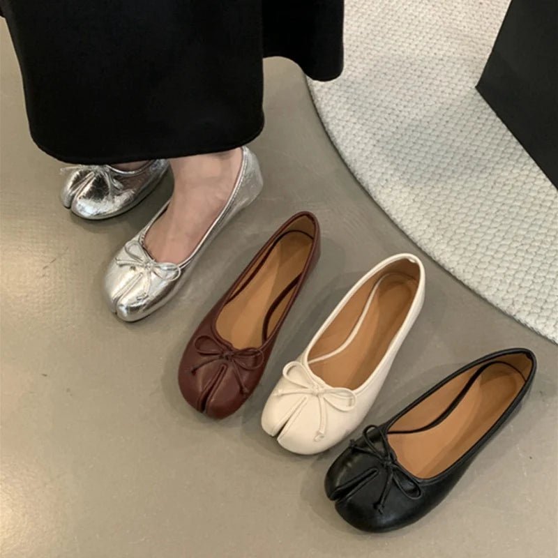 Women's Split Toe Ballet Flats with Bow Detail - 3