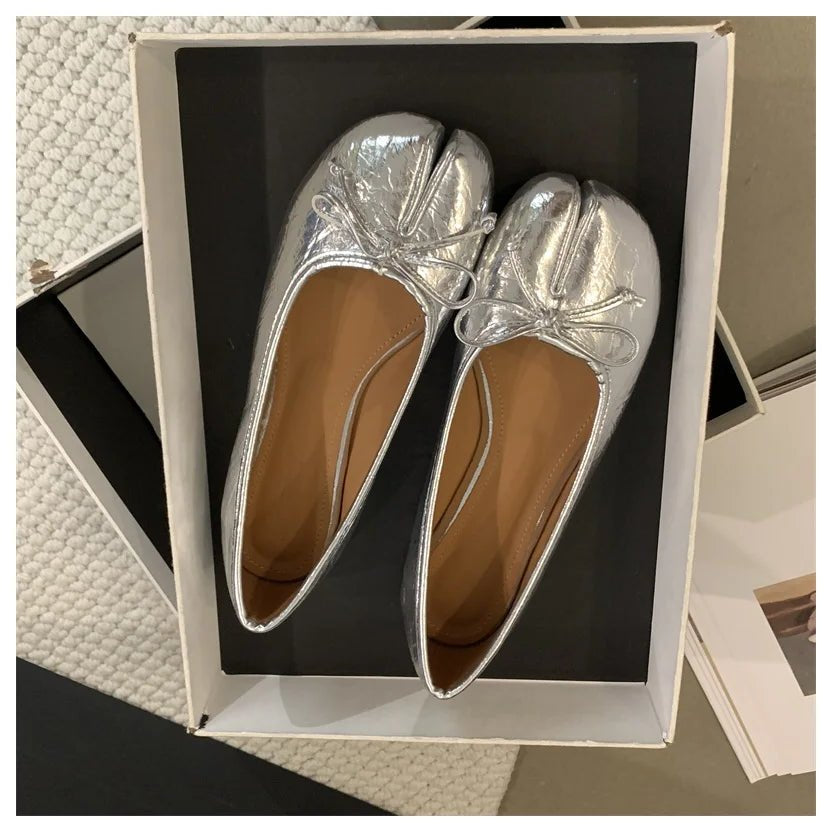 Women's Split Toe Ballet Flats with Bow Detail - Silver