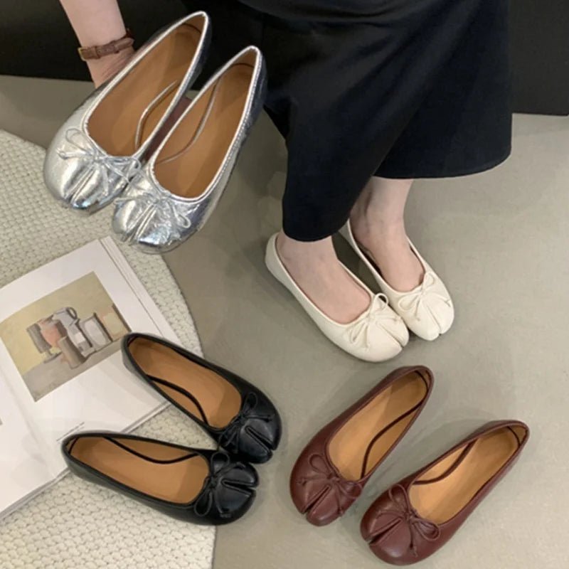 Women's Split Toe Ballet Flats with Bow Detail - 4