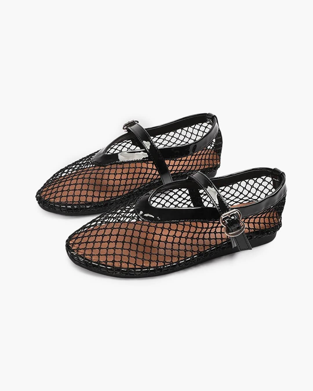 Women's Mesh Ballet Flats with Round Toe and Buckle Strap - Black