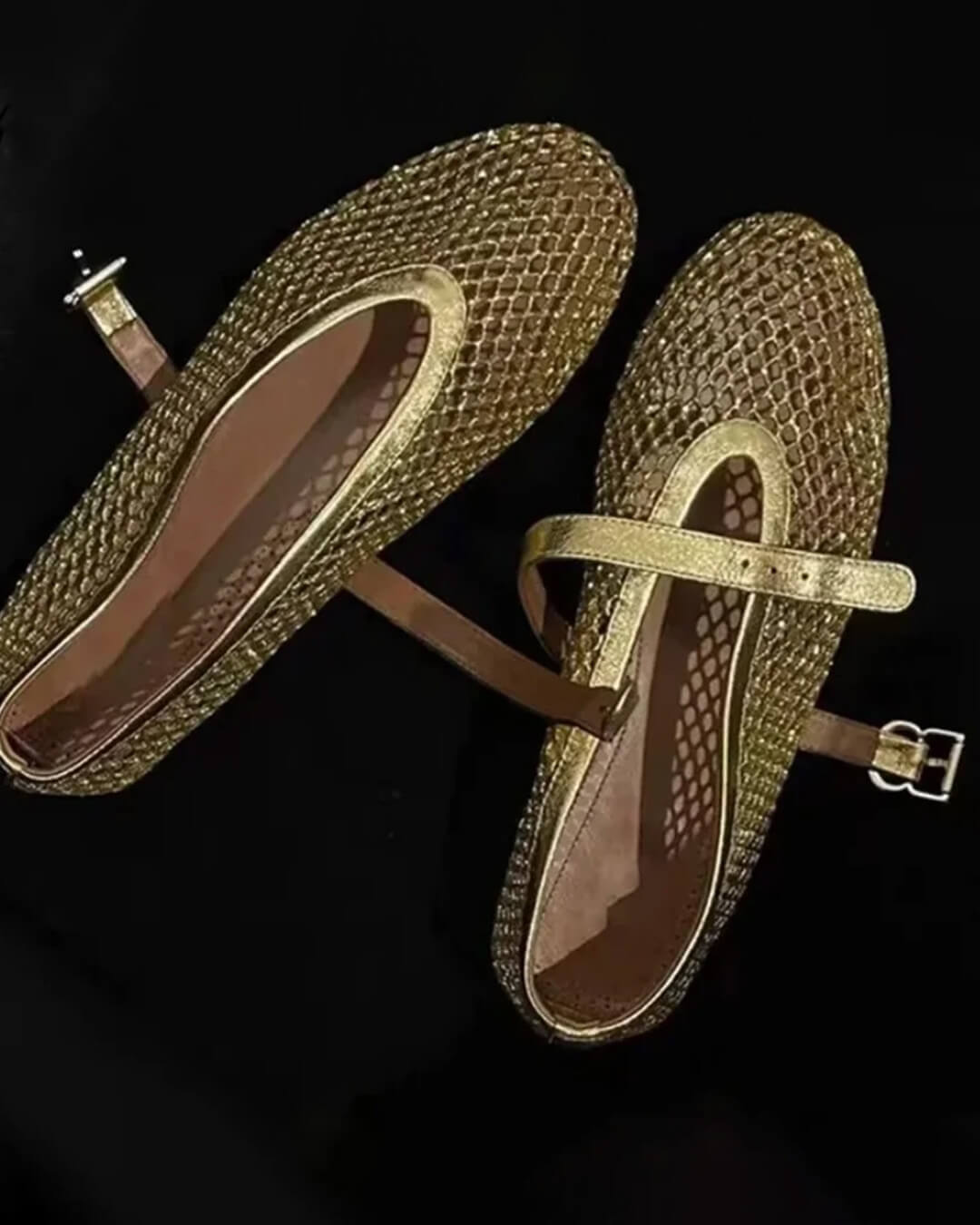 Women's Mesh Ballet Flats with Round Toe and Buckle Strap - Gold