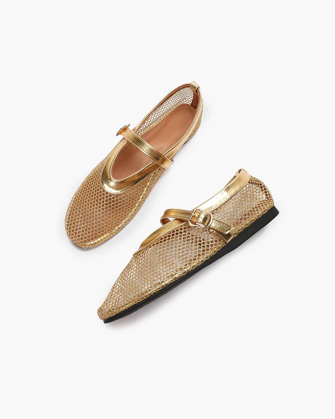Women's Mesh Ballet Flats with Round Toe and Buckle Strap - Gold