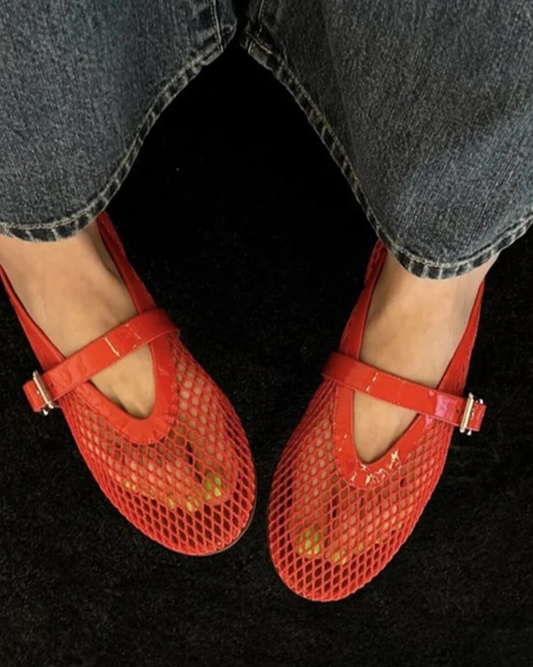 Women's Mesh Ballet Flats with Round Toe and Buckle Strap - Red