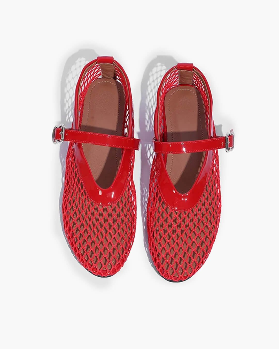 Women's Mesh Ballet Flats with Round Toe and Buckle Strap - Red