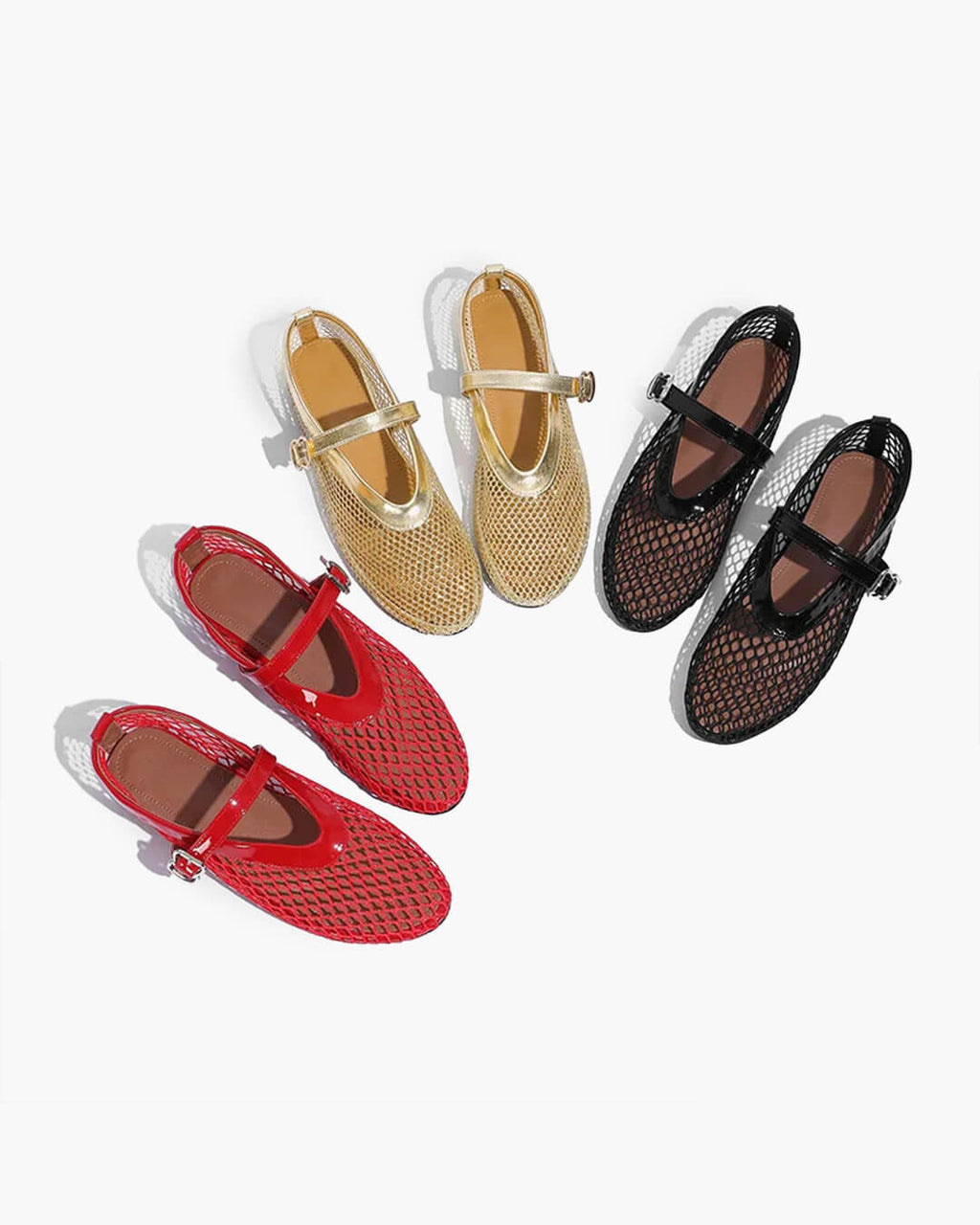 Women's Mesh Ballet Flats with Round Toe and Buckle Strap - 10