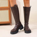 Women's Knee High Boots with Round Toe and Block Heel - Brown